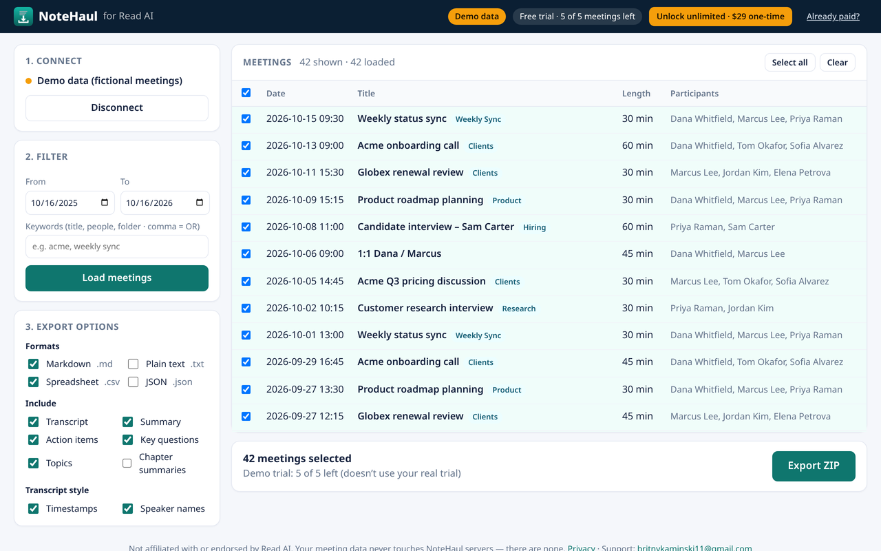 NoteHaul listing Read AI meetings with checkboxes, date and keyword filters, and an Export ZIP button